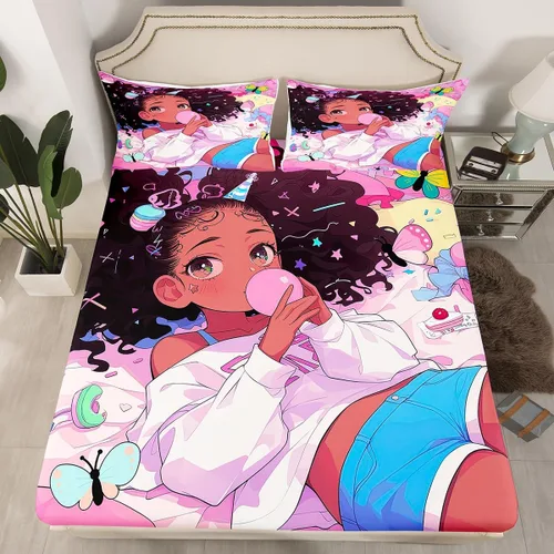Miniatura 28 de Erosebridal Sábanas de cama de sirena azul para niñas, bonita sábana bajera ajustable de unicornio, 2 piezas, ropa de cama de arcoíris femenino