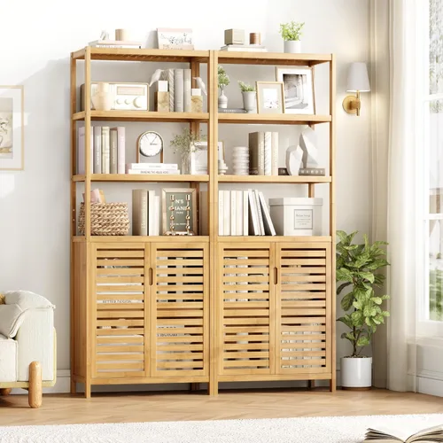 Miniatura 6 de HIFIT Armario alto de almacenamiento para baño, gabinete de baño estrecho de bambú de 66 pulgadas con 2 puertas y estantes abiertos de 4 niveles