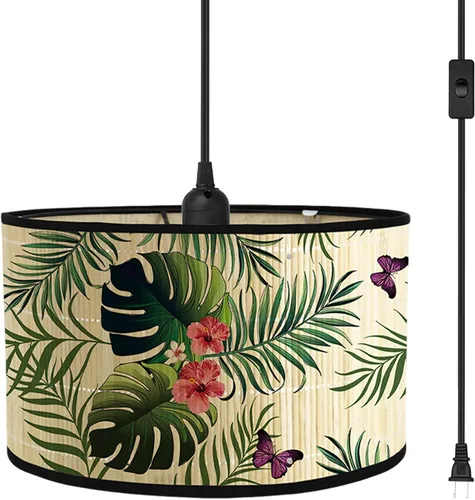 Miniatura 11 de Bioaqua - Sombra de lámpara de bambú, luces colgantes con cable enchufable (15 pies), lámpara colgante con patrón, luces colgantes boho para Lámpara