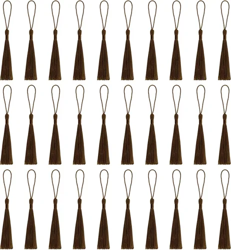 Miniatura 23 de VAPKER 30 borlas negras de 5.1 in/5 pulgadas, sedosas, hechas a mano, suaves, con lazo de cordón de 2 pulgadas para hacer joyas, proyectos
