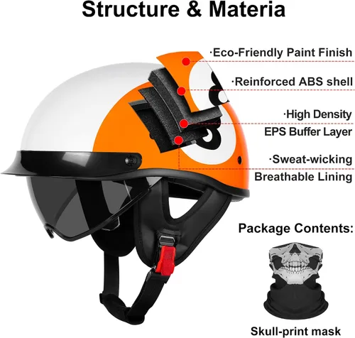 Miniatura 5 de Medio casco de motocicleta con visera para adultos y jóvenes, cascos retro aprobados por DOT para hombres y mujeres, compatibles con ciclomotor