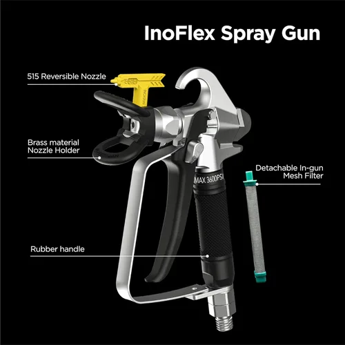 Miniatura 2 de InoKraft Pistola de pintura sin aire de alta presión 3600 PSI con punta de boquilla reversible 515 para pintura exterior/imprimación, con junta