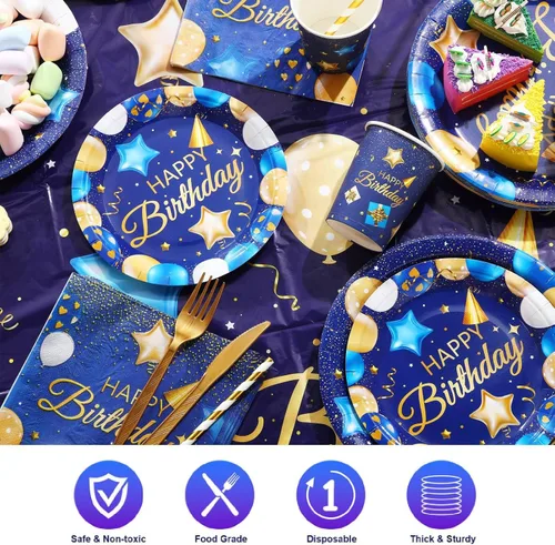 Miniatura 3 de Norme Juego de vajilla de cumpleaños de 176 piezas, color azul marino y dorado, incluye mantel, platos de papel, servilletas, vasos de papel