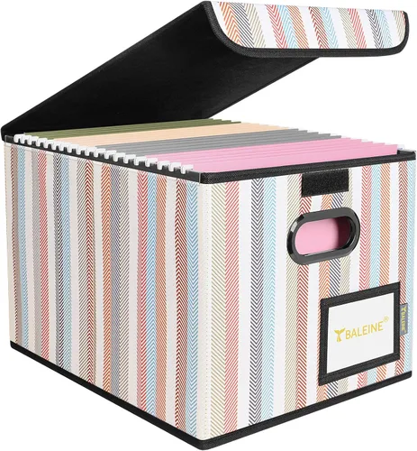 Miniatura 23 de Caja organizadora de archivos Baleine con tapa, organizador de carpetas de archivos plegable con deslizador de plástico, caja de carpetas