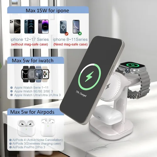 Miniatura 2 de Estación de carga inalámbrica 3 en 1 para soporte de cargador Magsafe, cargador magnético de teléfono para iPhone, Apple Watch, para Airpods