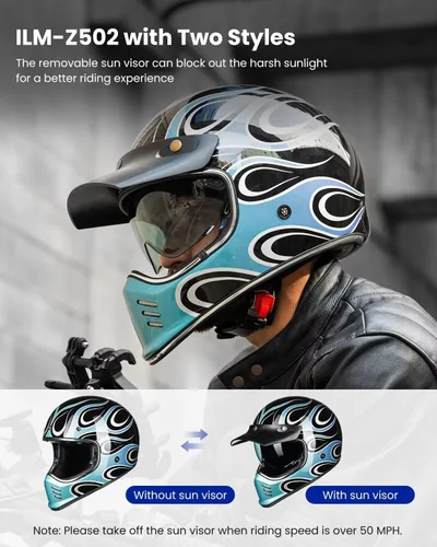 Miniatura 3 de ILM Cascos de motocicleta de cara completa vintage para adultos y hombres, compatible con ciclomotor, cuatrimoto, crucero, scooter, DOT ECE