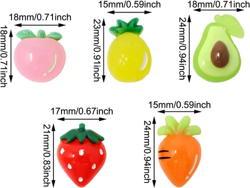 Miniatura 2 de Honbay 50 cuentas de resina de frutas con parte trasera plana, lindos cabujones de limo de piña, fresa, melocotón, zanahoria, accesorios