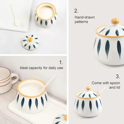 Miniatura 4 de Azucarero de porcelana con tapa y cuchara, tarros de azúcar de cerámica de 12 onzas para cocina y hogar, contenedor de azúcar de granja para barra
