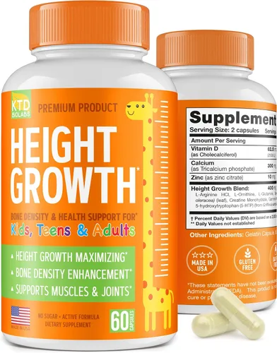 Cápsulas de apoyo para el crecimiento de la altura para niños – Fórmula de desarrollo diario con calcio, vitamina D3 y zinc – Apoyo óseo y