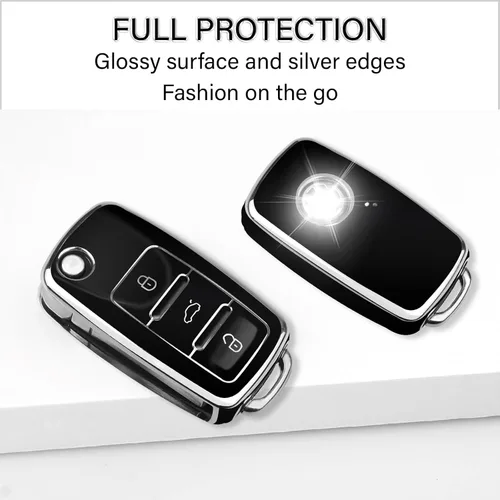 Miniatura 4 de QBUC Funda para llavero VW con llavero de poliuretano termoplástico suave con ribete plateado, compatible con Volkswagen Jetta Beetle, Santana, Negro