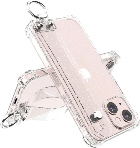Funda con purpurina con correa de mano compatible con iPhone 13 de 6.1 pulgadas, funda transparente brillante con correa de muñeca ajustable soporte