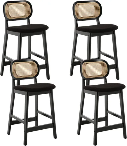 Miniatura 13 de ROCITY - Juego de 2 taburetes de ratán negro, taburetes de bar de madera de granja, taburetes de bar tapizados, sillas de isla de cocina