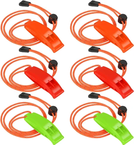 Miniatura 3 de JULBEAR 6 silbatos de supervivencia de seguridad con cordón reflectante ajustable, silbato de plástico de emergencia, silbato marino Negro