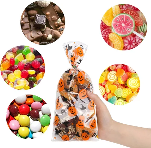 Miniatura 4 de LOKIPA Bolsas de celofán para dulces de Halloween, 150 piezas, bolsas de regalo con lazos giratorios para suministros de fiesta (3 estilos)
