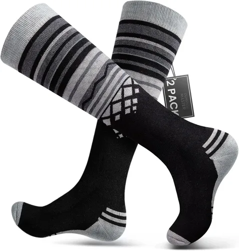 2 paquetes de calcetines de esquí de lana de merino, sobre la pantorrilla (OTC) antideslizantes para hombres y mujeres
