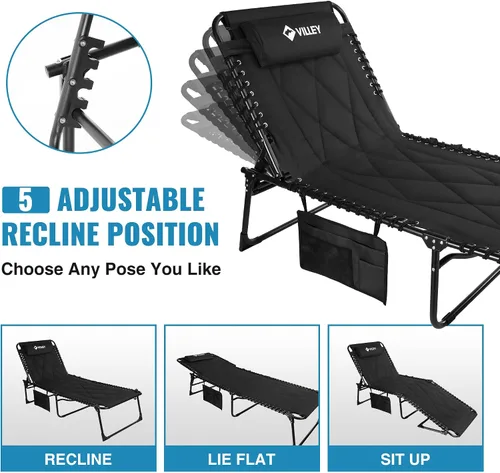 Miniatura 4 de VILLEY Hamaca reclinable extra grande acolchada con cojín, cuna de camping plegable, sillas de salón reclinables para patio, cama plegable
