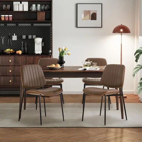 Miniatura 13 de Juego de 2 sillas de comedor tapizadas modernas de mediados de siglo con respaldo de nogal, sillas laterales de piel sintética con acento retro