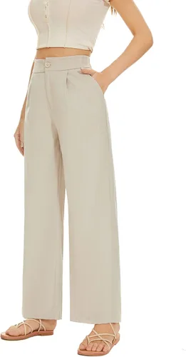 FUNYYZO Pantalones de lino de cintura alta de pierna ancha para mujer, pantalones casuales de trabajo con cintura elástica