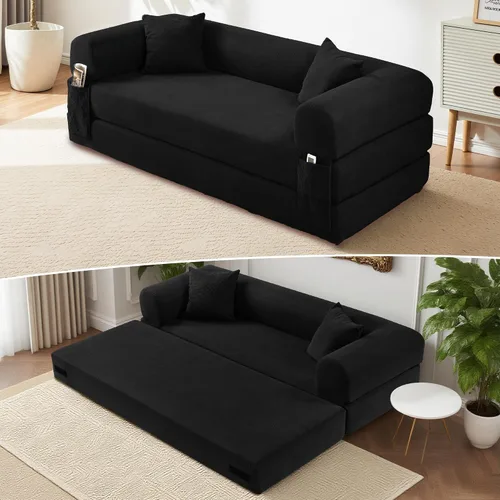 Sofá cama convertible de 80 pulgadas, sofá cama plegable de pana con almohadas, sofá de compresión moderno sin hueso sin montaje, sofá de compresión