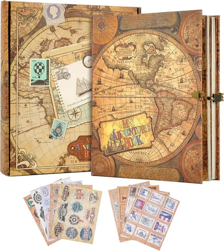 Miniatura 15 de Álbum de fotos para álbumes de recortes Nuestro Libro de Aventura, libro de memorias de cuero con palabras en relieve en 3D con 80 páginas