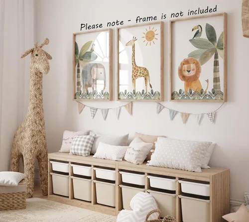 Miniatura 2 de Eviepops Prints Lindos animales de safari juego de 3 impresiones sin marco para bebé niña o niño, cuarto de bebé, habitación de niños, decoración