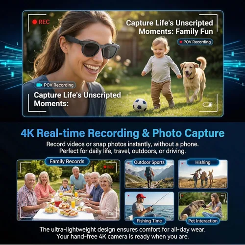 Miniatura 5 de Lentes de cámara inteligente AI, grabación de video POV HD 1080P y traductor, reconocimiento de objetos, audio Bluetooth para llamadas musicales