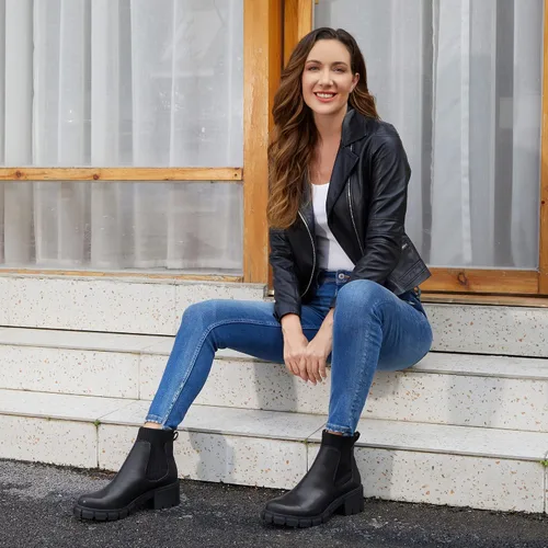 Miniatura 2 de JABASIC Botines gruesos para mujer, botas Chelsea sin cordones, botas elásticas