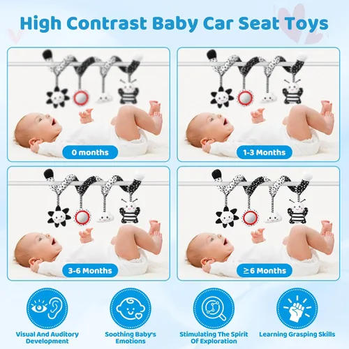 Miniatura 3 de Juguetes Colgantes para Asiento de Coche y Juguetes para Cochecito para Bebés de 0-6 Meses, Juguetes de Bebé de Alto Contraste para Recién Nacidos