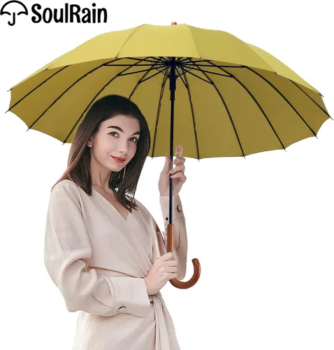 Miniatura 12 de SoulRain Paraguas de palo de 16 varillas de 48 pulgadas, apertura automática, color sólido, moderno y simple, mango de madera clásico de arco