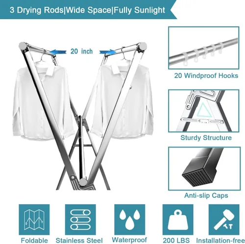 Miniatura 2 de Percheros de secado de ropa, acero inoxidable resistente con 20 ganchos resistentes al viento para el balcón interior o exterior, longitud ajustable