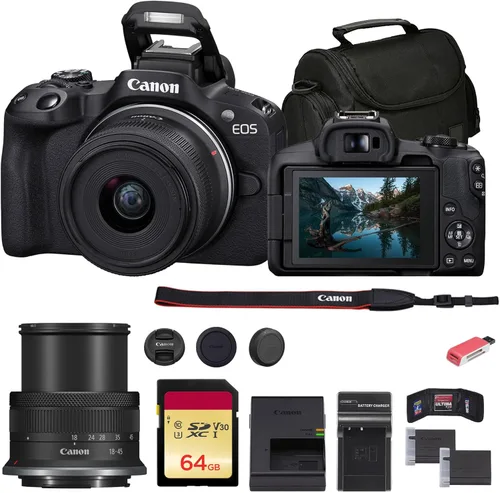 Cámara Canon EOS R50 sin espejo con lente de 18-45 mm (negra) (5811C012) + tarjeta de memoria de 64 GB + bolsa + cargador + batería LPE17 + lector