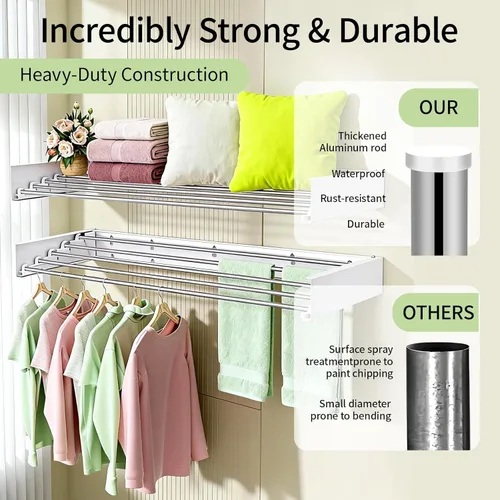 Miniatura 4 de Estante de secado para montar en la pared, 31.5 pulgadas, plegable, resistente a 60 libras, estante de lavandería que ahorra espacio, resistente a