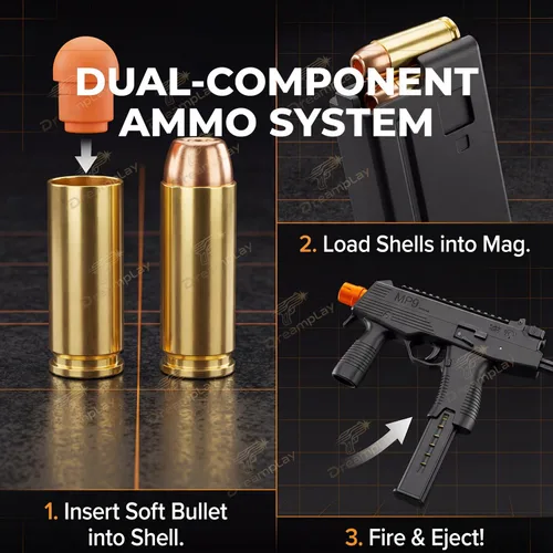 Miniatura 7 de Dreamplay Pistola de juguete MP9, pistola de juguete de expulsión automática realista con placa de anillo, juegos de disparos de acción
