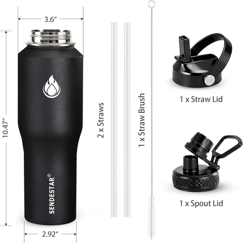 Miniatura 4 de SENDESTAR - Botella de agua de 0,9 L, 2 tapas (tapa con pajita), boca ancha de acero inoxidable aislada al vacío, doble pared, mantiene los líquidos