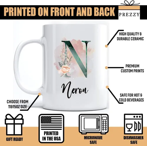 Miniatura 2 de PREZZY Taza personalizada con letra N con inicial, monograma personalizado, taza de café floral, regalos para mujeres, hombres, familiares, amigos