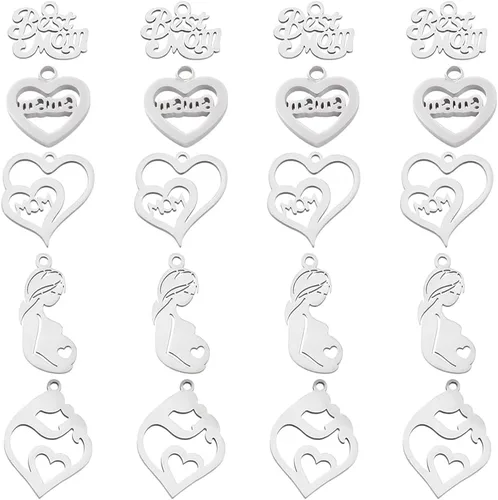 PH PandaHall 20 dijes de 5 estilos para mamá, de acero inoxidable, con texto en inglés "Best Mom I Love Mom", dije de corazón para mamá, dije de