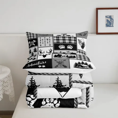 Miniatura 66 de Juego de edredón de cuernos de ciervo tamaño individual, juego de ropa de cama rústica de granja con huellas de oso y pinos para decoración