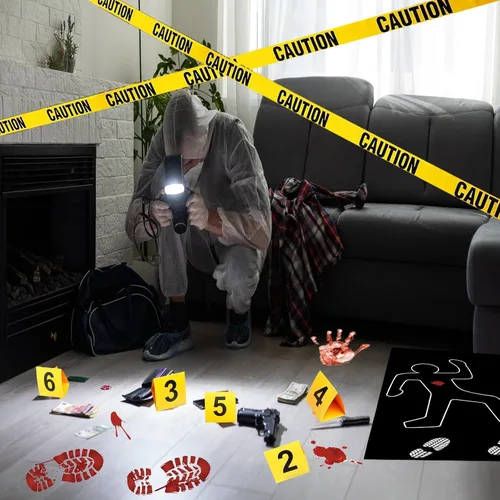 Miniatura 2 de Kit de decoración de escena del crimen de Halloween, cartel de cumpleaños con texto en inglés "Have a Killer", silueta corporal, cinta de escena
