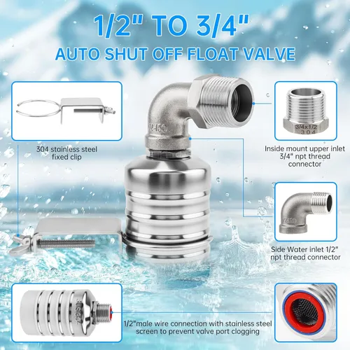 Miniatura 4 de 2 Pack Float Valve, Automatic Water Level Control Valve with 1/2inch to 3/4inch 1inch Adapter for Water Tank, Aquariums, Livestock Trough (2)