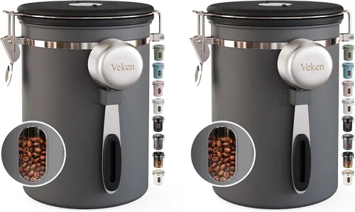 Miniatura 17 de Veken Recipiente de café con ventana, recipiente hermético de almacenamiento de alimentos de cocina de acero inoxidable con tapas, rastreador