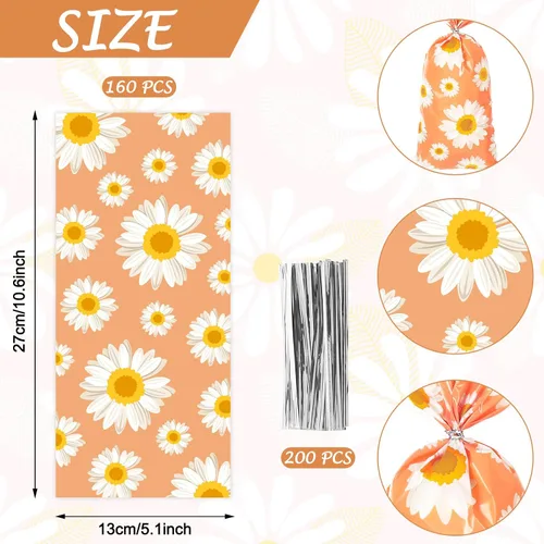 Miniatura 2 de Whaline 160 bolsas de golosinas de celofán con flores de margaritas, bolsas de plástico para dulces, bolsas bohemias hippies para violonchelo