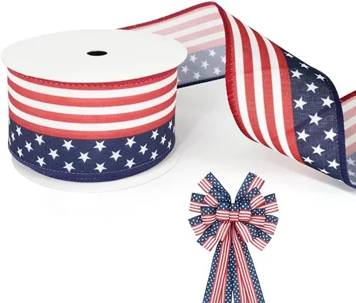 Cintas patrióticas de bandera de Estados Unidos de 2.5 pulgadas x 10 yardas, cinta de arpillera con borde con alambre de estrellas y rayas