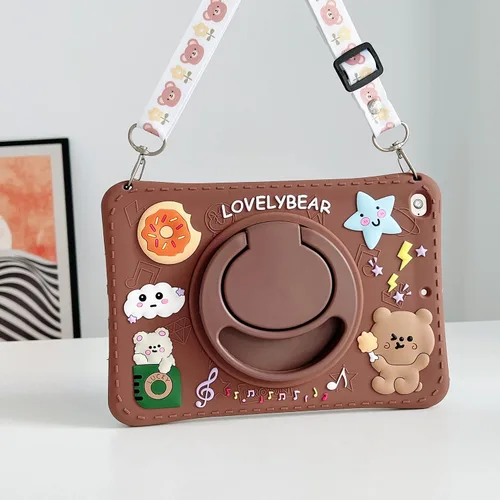 Miniatura 3 de Funda para Samsung Galaxy Tab S6 Lite P610/P615 de 10.4 pulgadas, silicona suave con patrón de oso marrón con cordón y soporte plegable a prueba