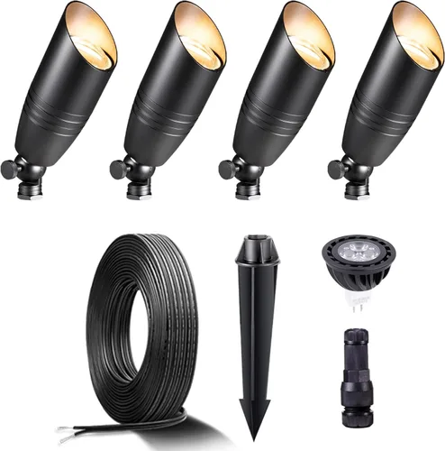 Miniatura 27 de Gardenreet Focos de paisaje de bajo voltaje - Luz superior LED de latón 12V para exterior, luces focales cableadas IP65 impermeables, enfoque
