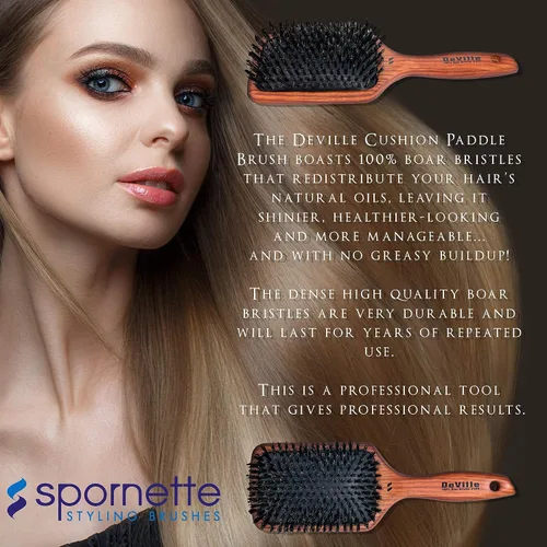Miniatura 7 de Spornette Deville Cushion Paddle Brush - Cepillo de cerdas de jabalí con mango de madera, para alisar, alisar, desenredar, peinar y cepillar