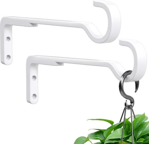 Saffruff Paquete de 2 perchas blancas resistentes de 8 pulgadas para plantas al aire libre, soportes de hierro para colgar plantas en el exterior,