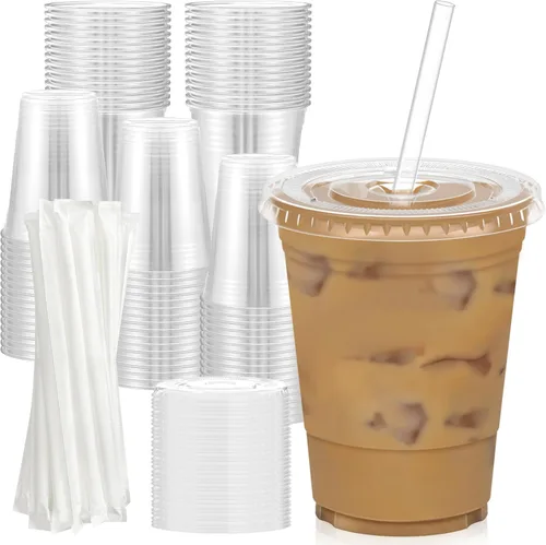 Dealusy Paquete de 100 vasos de plástico transparente de 16 onzas con tapas y pajitas, tazas de café helado resistentes y seguras para alimentos con