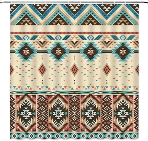 Cortina de ducha azteca del suroeste, nativo, tribal, navajo, americano, abstracta, triangular, bohemio, geométrico, vintage, beige, juego de
