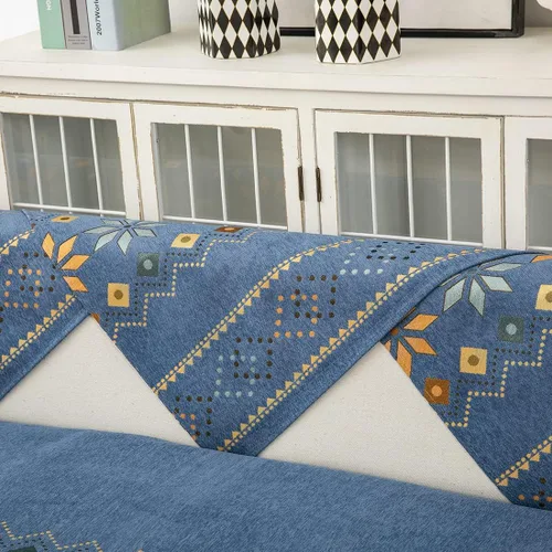 Miniatura 6 de Funda de sofá de chenilla para sofá modular, diseño geométrico bohemio y jacquard antideslizante, protector de muebles para niños, perros y Azul