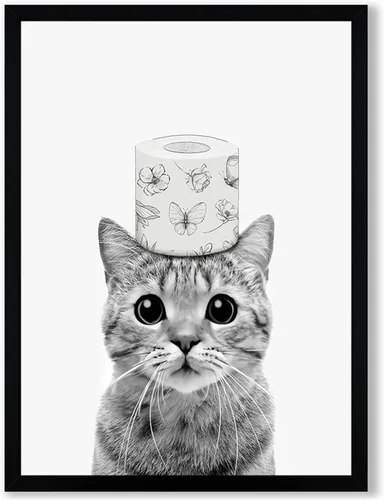 Miniatura 9 de Lienzo enmarcado en blanco y negro para el baño, divertida decoración de baño de animales, linda nutria sosteniendo un rollo de papel higiénico